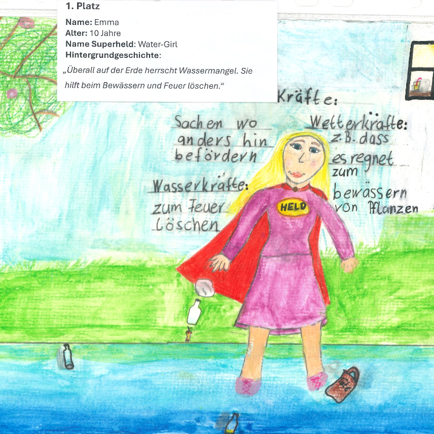 Das Bild kommt von Emma, sie ist 10 Jahre alt. Ihr Superheld heißt Water-Girl. Die Hintergrundgeschichte: "Überall auf der Erde herrscht Wassermangel. Sie hilft beim Bewässern und Feuer löschen."