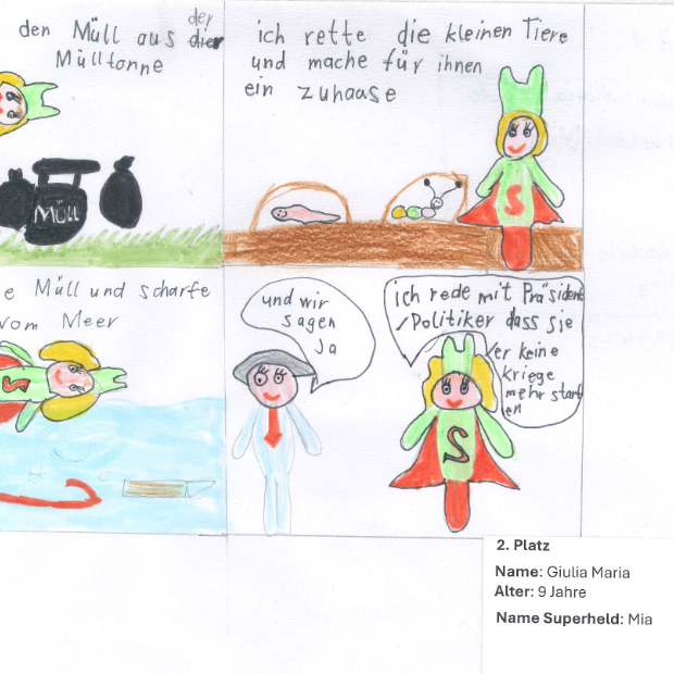 Das Bild kommt von Giulia Maria, sie ist 9 Jahre alt. Ihr Superheld heißt Mia.