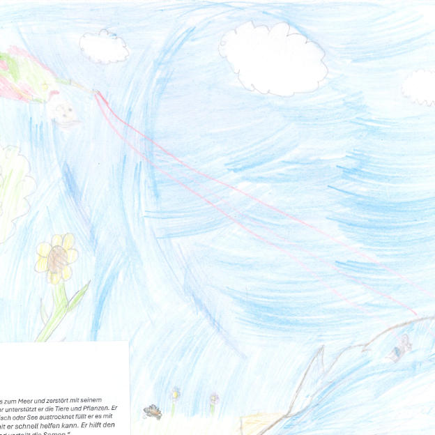 Das Bild kommt von Amelie, sie ist 7 Jahre alt. Ihr Superheld heißt Emilian. Die Hintergrundgeschichte lautet: “Emilian fliegt immer morgens zum Meer und zerstört mit seinem Lesastrahl den Müll. Im Winter unterstützt er die Tiere und Pflanzen. Er hat eine Superkraft wen ein Teich oder See austrocknet füllt er es mit Waser. Er kann fliegen damit er schnell helfen kann. Er hilft den Pflanzen beim wachsen und verteilt die Samen.”
