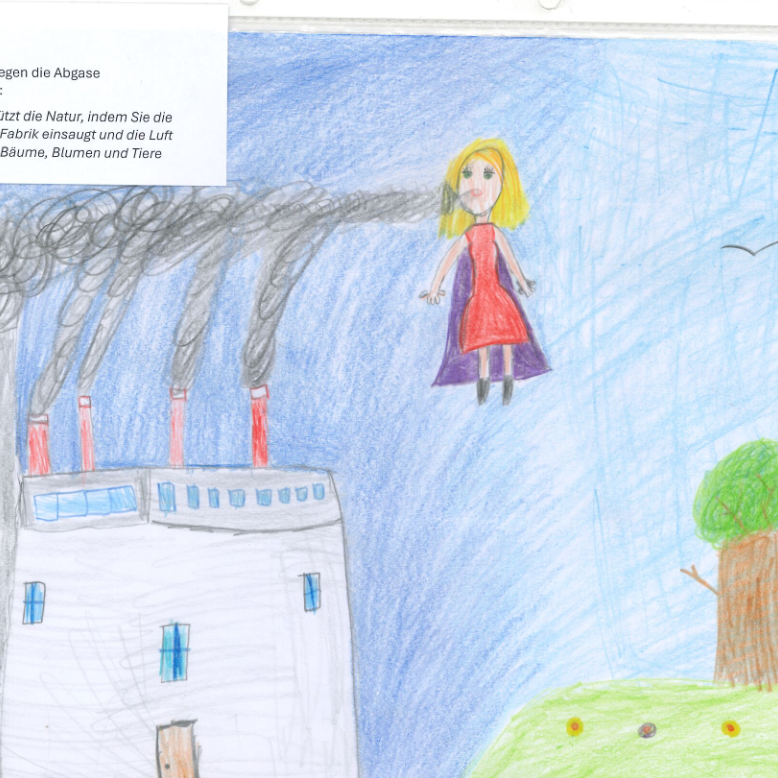 Das Bild kommt von Elli, sie ist 8 Jahre alt. Ihr Superheld heißt: Mia gegen die Abgase. Die Hintergrundgeschichte ist: "Meine Superheldin schützt die Natur, indem Sie die schädlichen Abgase der Fabrik einsaugt und die Luft somit reinigt. So können Bäume, Blumen, und Tiere gesund leben."