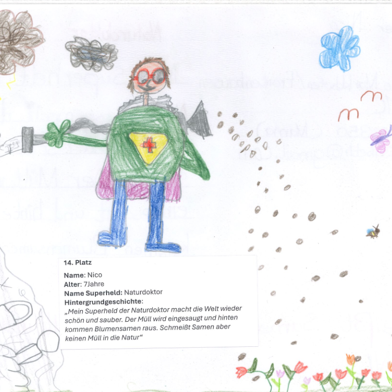 Das Bild kommt von Nico, er ist 7 Jahre alt. Sein Superheld heißt: Naturdoktor. Die Hintergrundgeschichte ist: "Mein Superheld der Naturdoktor macht die Welt wieder schön und sauber. Der Müll wird eingesaugt und hinten kommen Blumensamen raus. Schmeißt Samen aber keinen Müll in die Natur".