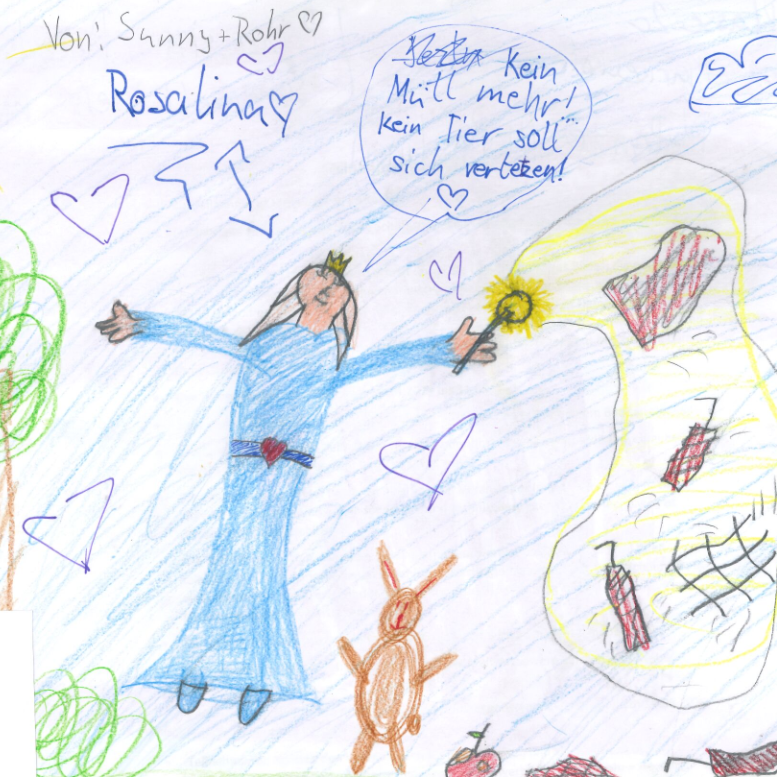 Das Bild kommt von Sunny, sie ist 8 Jahre alt. Ihre Superheldin ist Rosalina, sie sagt :"Kein Müll mehr! Kein Tier soll sich verletzen!"