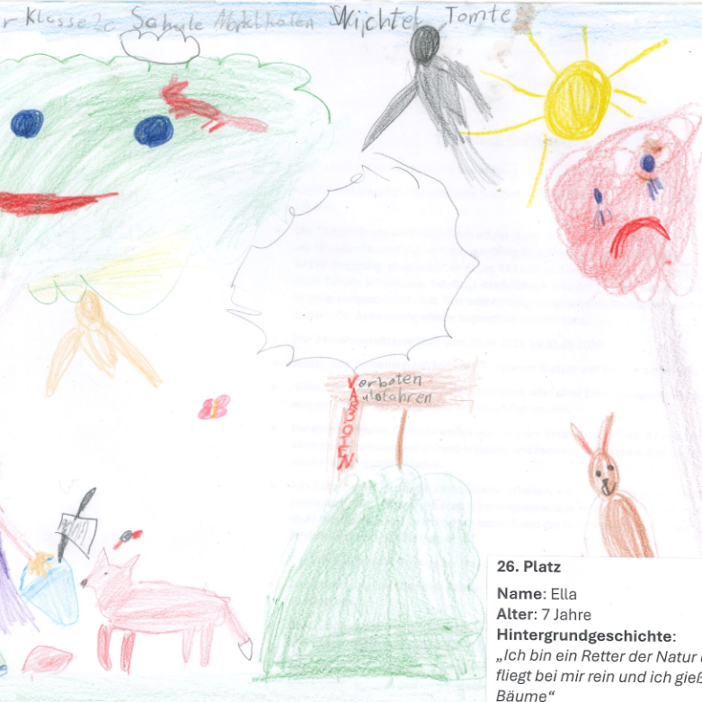 Das Bild ist von Ella, sie ist 7 Jahre alt. Die Hintergrundgeschichte ist: "Ich bin ein Retter der Natur und der Müll fliegt bei mir rein und ich gieße Blumen ung Bäume."